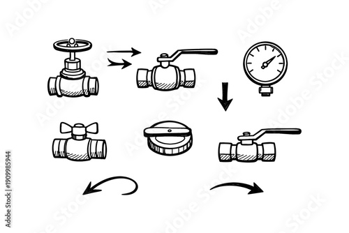 Hand-drawn valve and gauge illustrations with different types and arrows