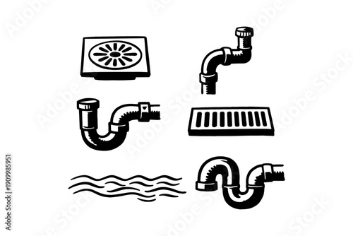 Black and white plumbing tools illustration featuring pipes and drains