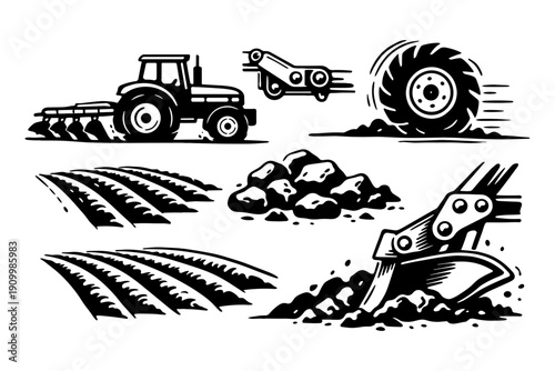 Black and white tractor illustrations of farming equipment and fields