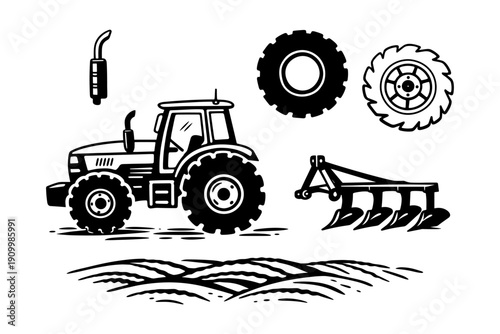Black tractor silhouette with exhaust, tires, plow, farm field illustration