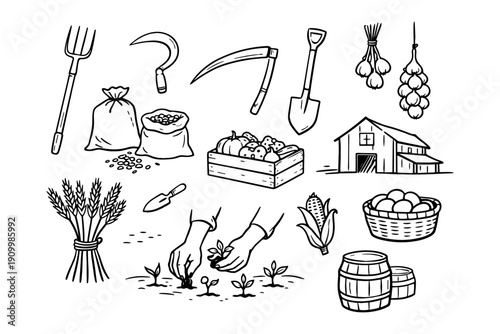 Farm tools and harvest: sickle, shovel, barn, crops, vegetables
