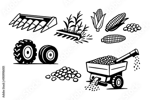Agricultural equipment and corn harvesting elements in black and white