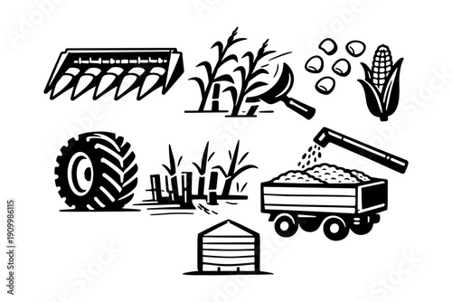 Agricultural icons: harvesting, corn, tractor, seeds, farm equipment
