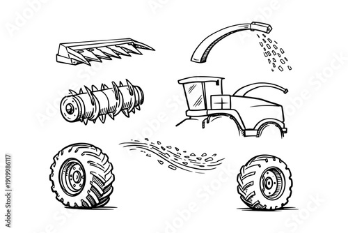 Hand-drawn farming equipment: tractors, tires, blades, water spout, drill, wind