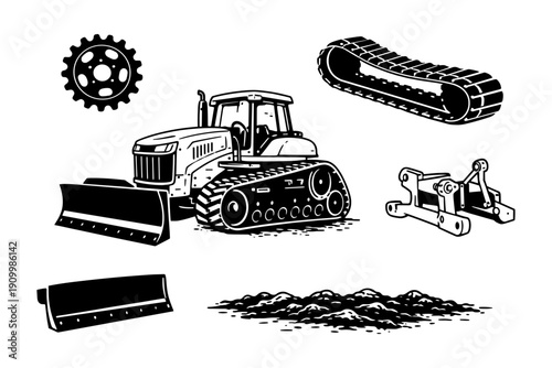 Bulldozer and tractor parts with tracks and blades for construction and farming