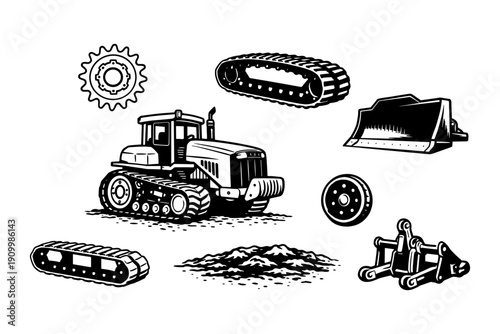 Heavy machinery elements: bulldozer, tracks, gears, and accessories