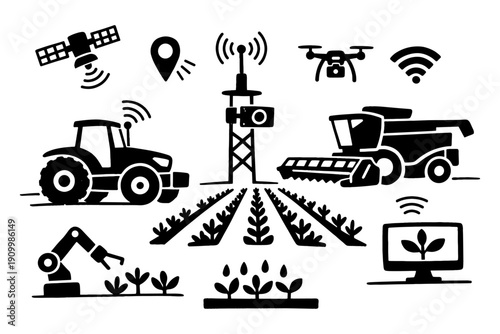 Smart agriculture technology icons featuring farming equipment and wireless connectivity