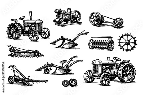 Vintage agricultural machinery collection: tractors, plows, and engines