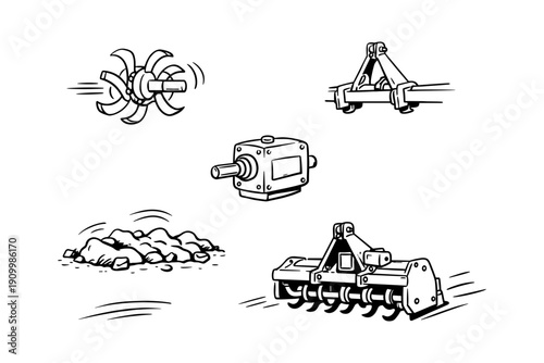 Black and white farming equipment illustrations with tiller and soil