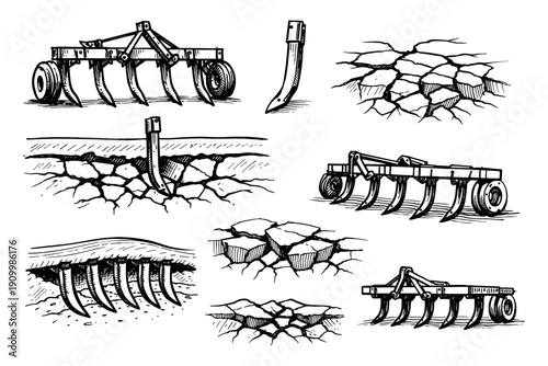 Agricultural equipment and soil preparation techniques in black and white illustrations