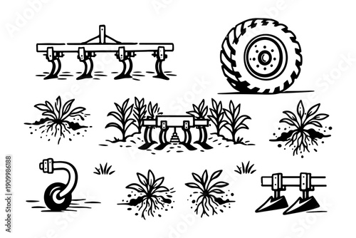 Agricultural implements and growing plants: monochrome illustration of farming tools and crops