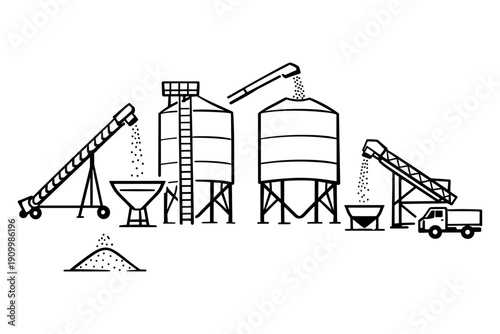 Black and white grain silo illustration with conveyor belts and truck