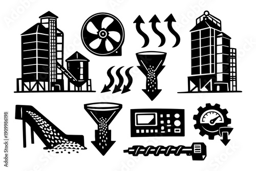 Black and white icons of grain processing facility and equipment