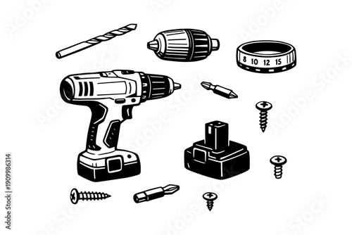 Cordless drill set with bits, battery, and screws for home improvement