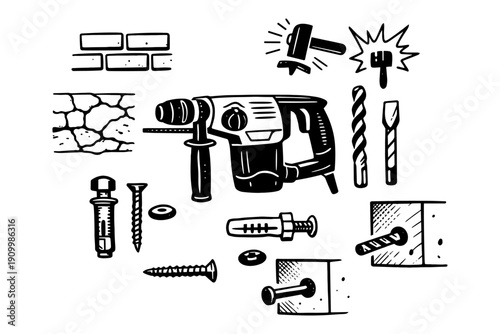 Hand-drawn power drill and tools for construction and repair