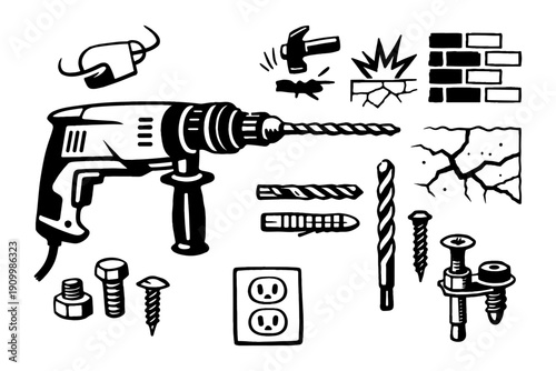 Black and white power drill icon set with construction elements and tools