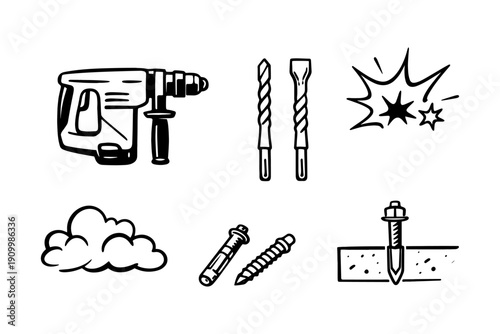 Handheld power drill with accessories and construction tools on white background