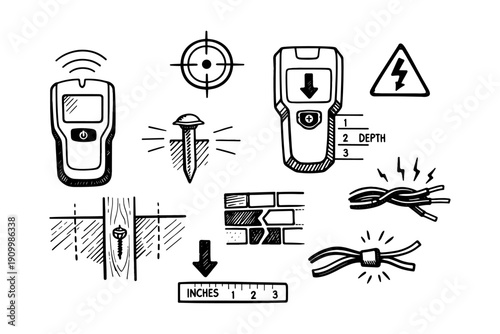 Hand-drawn electronic stud finders and wiring safety icons in black and white