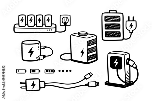 Hand-drawn charging elements collection with batteries and adapter illustrations