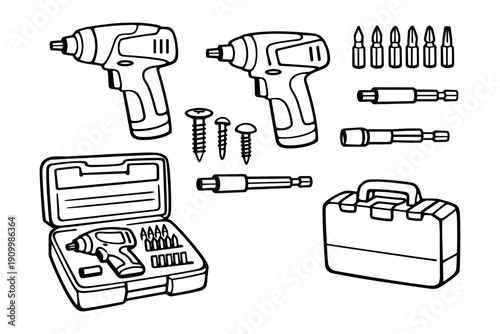 Cordless screwdriver kit with bits, case, and accessories