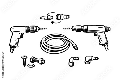 Illustration of pneumatic drills with components and accessories