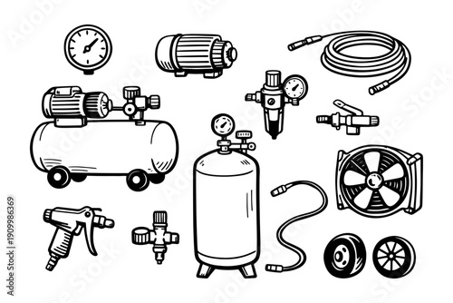 Hand-drawn air compressor components and accessories illustration