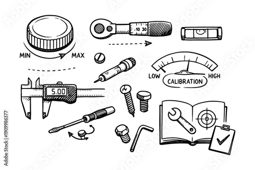 Hand-drawn calibration tools and instruments sketch collection