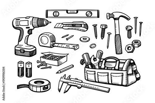 Hand-drawn toolbox with drill, hammer, tape measure, and assorted tools on white background