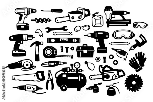 Collection of various black and white tools and equipment icons