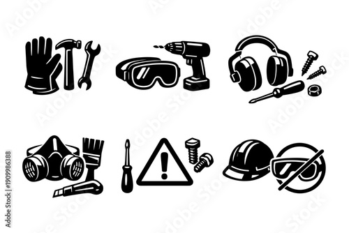 Set of safety and construction tools icons for industrial use