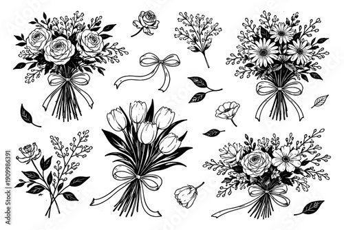 Elegant hand-drawn floral bouquets with roses, tulips, bows, leaves, and stems in black and white