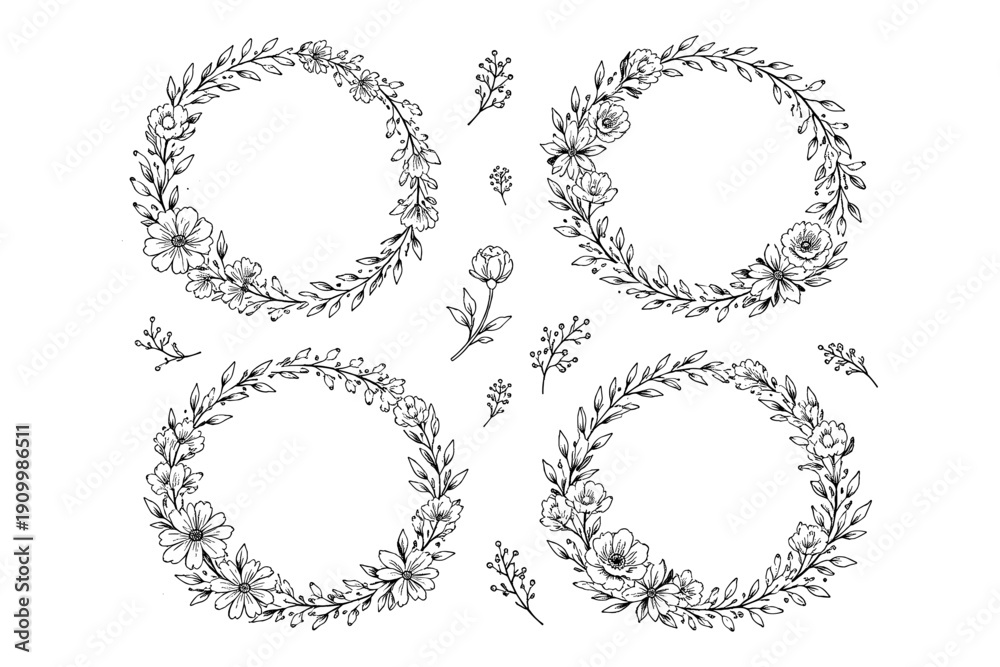 Obraz premium Elegant floral wreath designs with intricate leaf patterns and blooms