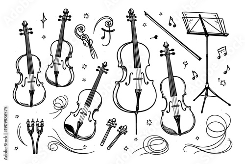 Hand-drawn string instruments with music stand and notes