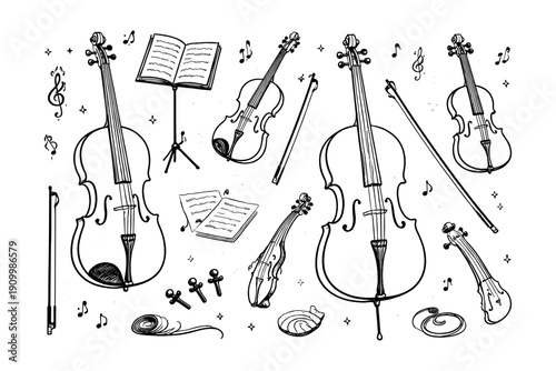 Elegant cello ensemble with sheet music and musical notes in black and white