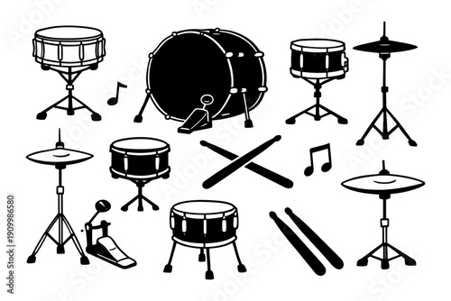 Silhouette of drum kit components with musical notes and drumsticks
