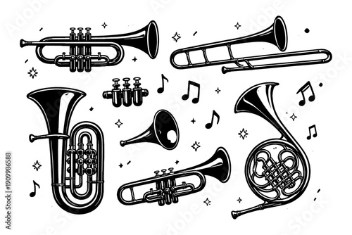 Collection of brass instruments with musical notes and stars illustration
