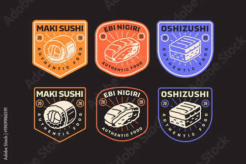 Sushi asian foods vintage logo badge collection. Retro snack foods emblem set with maki, tuna nigiri, oshizushi. Sushi japanese foods patch sticker pack. Vector illustration