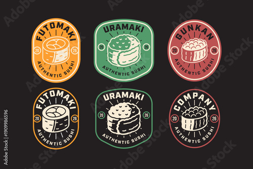 Authentic japanese foods retro logo badge bundle. Rustic asian food emblem set with sushi and nigiri theme. Futomaki, Uramaki, Gunkan vintage patch sticker pack. Vector illustration
