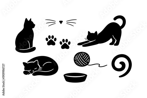 Black silhouette cats with whiskers and playful icons