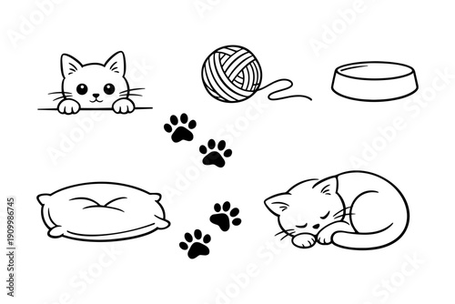 Cute cat doodles: yarn ball, sleeping kitten, paw prints, food bowl, pillow