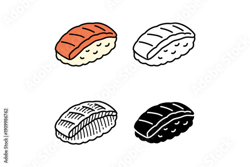 Raw salmon sushi japanese food icon element collection with colorful, outline, silhouette, engraving style for restaurant, eatery, culinary. Tuna nigiri, Sake sushi. Vector illustration.
