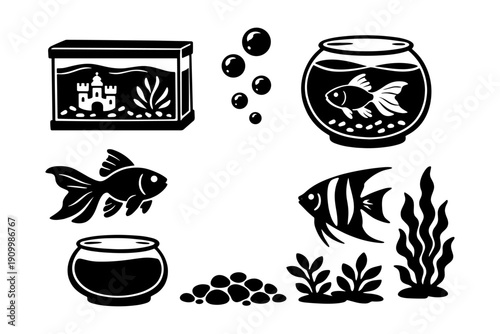 Aquarium fish icons: goldfish, angelfish, fishbowl, aquatic plants, bubbles