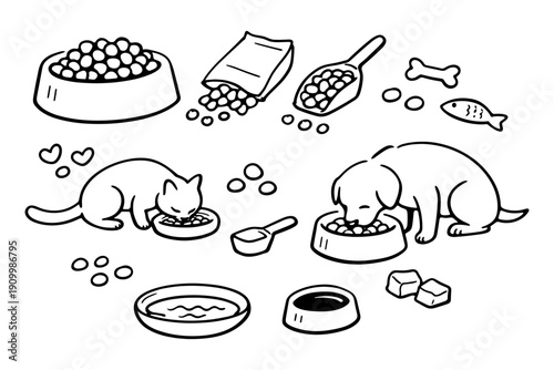 Dog and cat eating pet food with bowls and accessories in outline illustration