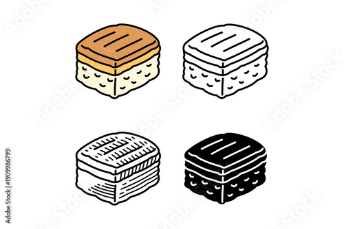 Oshizushi, Unagi nigiri, Grilled eel sushi icon element collection with colorful, line art, solid, hand drawn style for restaurant, eatery, culinary. Japanese asian food. Vector illustration.