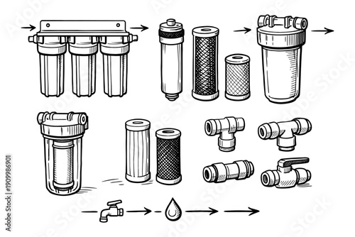 Illustration of water filtration system with various filters and connectors