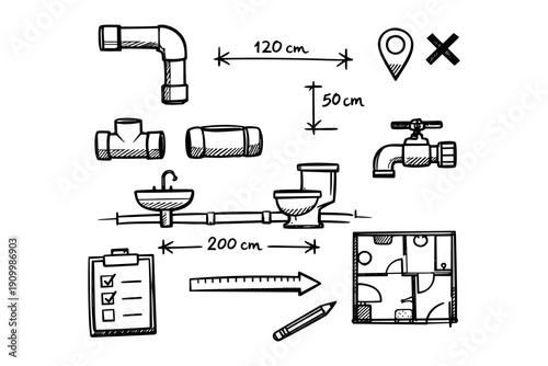 Plumbing diagram with pipe measurements and bathroom layout