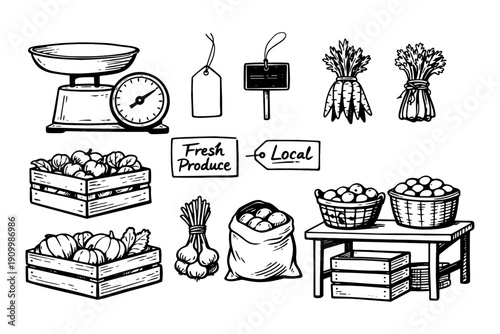 Farmers market produce display with scale and fresh vegetables