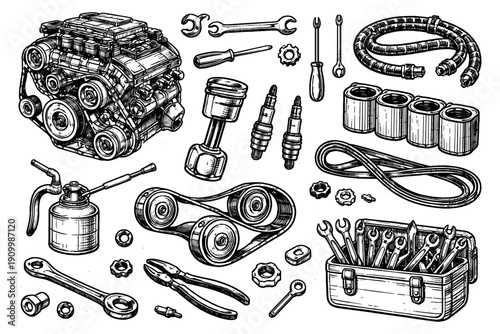 Detailed engineering tools and car engine parts illustration black and white