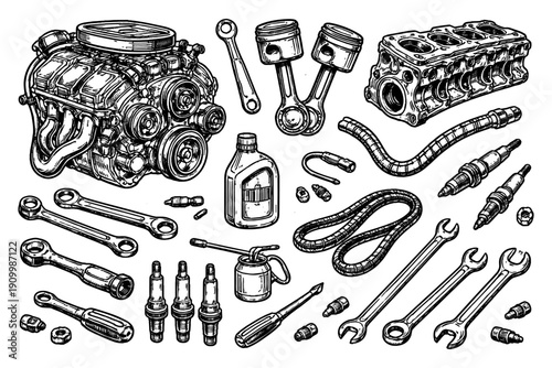 Detailed illustration of car engine parts and repair tools