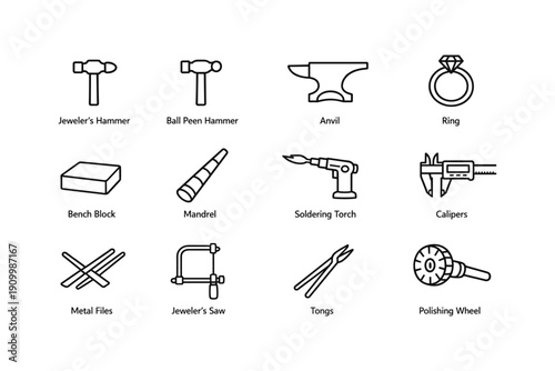 Jewelry tools: hammers, anvil, ring, bench block, torch, calipers, files